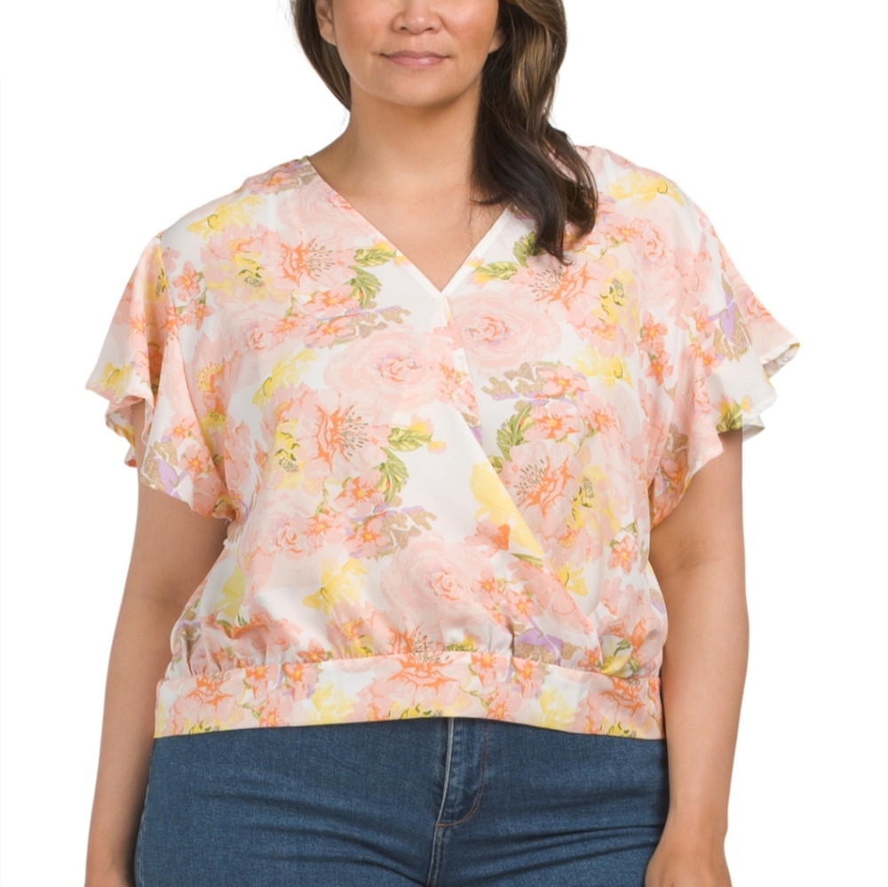 #10562-18 NWT! Women's Plus 3X Wrap Front Peach Multicolor Floral Ruffle Sleeve.